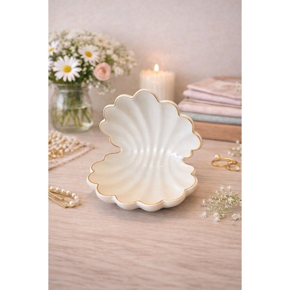 New White Shabby Chic Nautical Beach Seashell Ceramic Trinket Tray Dish